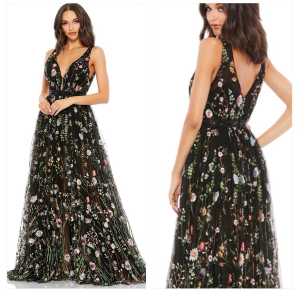 Mac Duggal Embroidered Mesh Bustier Gown
